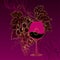 Vector luxury card with bunch of grape, grape leaves, wineglass and dotted curls on the vinous background.