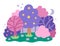 Vector magic forest landscape. Fairytale world concept with trees, stars, flowers, moon, night sky and bushes. Fantasy outdoor