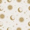 Vector magic seamless pattern with gold sun, moon and stars.