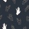 Vector Magical Hands with Chamomile Drawings Lineart on Dark seamless pattern background. Perfect for fabric, wallpaper