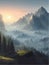 Vector magical mountain range landscape. Wild nature with coniferous forest