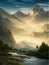 Vector magical mountain range landscape. Wild nature with coniferous forest