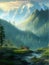 Vector magical mountain range landscape. Wild nature with coniferous forest