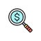 Vector magnify glass with dollar, money search, currency flat color line icon.