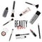 Vector make-up essentials mascara, lipgloss, lipstick, set of brushes, foundation, blush, liner. Beauty fashion glamour