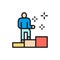 Vector man climbs pedestal, champion, leader, winner flat color line icon.