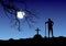 Vector of a man digging grave in graveyard in full moon.
