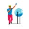 Vector Man and Lottery drum with bingo balls. Cartoon Illustration.