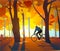 vector of man riding bike in forest in sunny weather