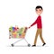 Vector man with shopping trolley full groceries