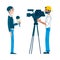 Vector man video reporter setting camera interview