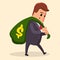 Vector or manager Business concept. Man in suit, businessman carrying big and heavy money bag on his back