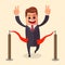 Vector manager or businessman at finish line. A man in suit crosses the , red ribbon. Illustration. cartoon winner