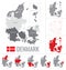 Vector map of Denmark regions with flag on white background