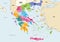 Vector map of Greece provinces colored by regions with neighbouring countries and territories
