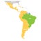 Vector map of Latin America with differently highlighted language groups - Spanish, Portuguese and French