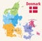 Vector map pf Denmark provinces colored by regions with main cities on it