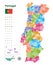 Vector map of Portugal districts and autonomous regions, subdivided into municipalities. Each region have own color palette. Flag