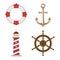 Vector marine set isolated on white. Lifebuoy, anchor, lighthouse, steering wheel. For a wide range of applications in