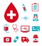 Vector medical icons set for creating infographics related to health and medicine, like blood drop, clipboard, nurse, ambulance