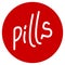 Vector medical red icon. Healthcare design. Simple lettering - pills