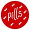 Vector medical red icon. Healthcare design. Simple lettering - pills and doodle tablets, capsules