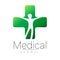 Vector medical sign with cross, human inside. Symbol for doctors, website, visit card, icon. Green color. Medicine