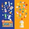 Vector medicines vertical banner templates with medicines and pills spreading out of pharmacy and bottle