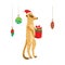 Vector meerkat wearing santa hat with a gift.