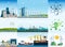 Vector of a megalopolis with, plants, factory, shipyard, buildings and eco friendly solar panels and wind turbines