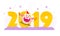 Vector Merry Christmas flat illustration with 2019 number and happy little pig elf in santa hat isolated on purple background.