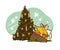 Vector Merry Christmas illustration with hand drawn cute mouse character with cover, coffee read book at decorated fir tree