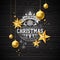 Vector Merry Christmas Illustration on vintage wood Background with Typography and Holiday Elements. Stars and