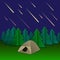 Vector Meteor Rain Illustration, Tent and Fir Trees, Shining Meteors on the Sky.