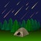 Vector Meteor Rain, Tent and Fir Trees, Shining Meteors on the Sky.