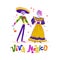 Vector mexican skeleton characters - man and lady - in traditional colorful costumes isolated on white background.