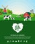 Vector milk illustration with milk splash, farm, cows and calves