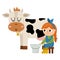 Vector milkmaid icon. Farmer girl milking cow. Cute kid doing agricultural work. Rural country scene. Child with cute animal.