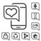 Vector mobile, smartphone. Communication icons of download, share. Line symbols with heart, like, back home, upload, locked lock,
