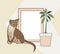 Vector mock up wooden frame, sitting abyssinian cat and avocado plant. Interior home poster mockup.