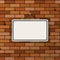 Vector mockup. Simple white sign hanging on a dark red brick wall. Empty blank. Grunge brickwork background