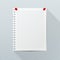 Vector mockup. White sheet of notebook paper with red push pins hanging on a gray office wall. Empty rectangular blank.