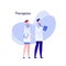 Vector modern flat doctor character illustration. Couple of male female therapist on memphis amoeba background on white. Design