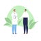Vector modern flat doctor and patient illustration. Medic with stethoscope and male consulting on green fluid shape with leaf