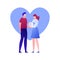 Vector modern flat newborn parents character illustration. Happy father and mother couple holding infant on heart shape frame on