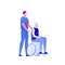 Vector modern flat nursing house person illustration. Couple of male elderly senior sitting on wheel chair and caregiver isolated