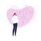 Vector modern flat pregnancy banner. Pregnant woman with belly standing with fluid heart shape and hcg hormone structure isolated