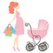 Vector modern pregnant mommy with pink vintage baby carriage, woman shopping online store, logo, silhouette,