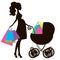 Vector of modern pregnant mommy with vintage baby carriage, online store, logo, silhouette,
