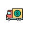 Vector money truck, transfer cash, banking car flat color line icon.